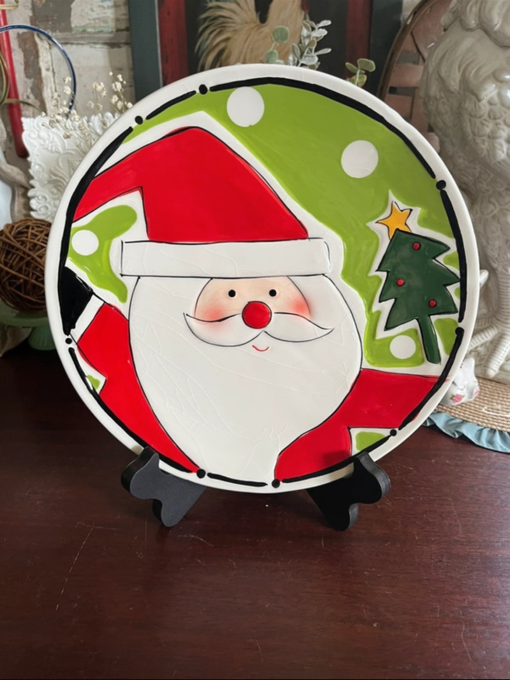 Holiday Santa Decorative Plate - Red & Green Christmas Accent